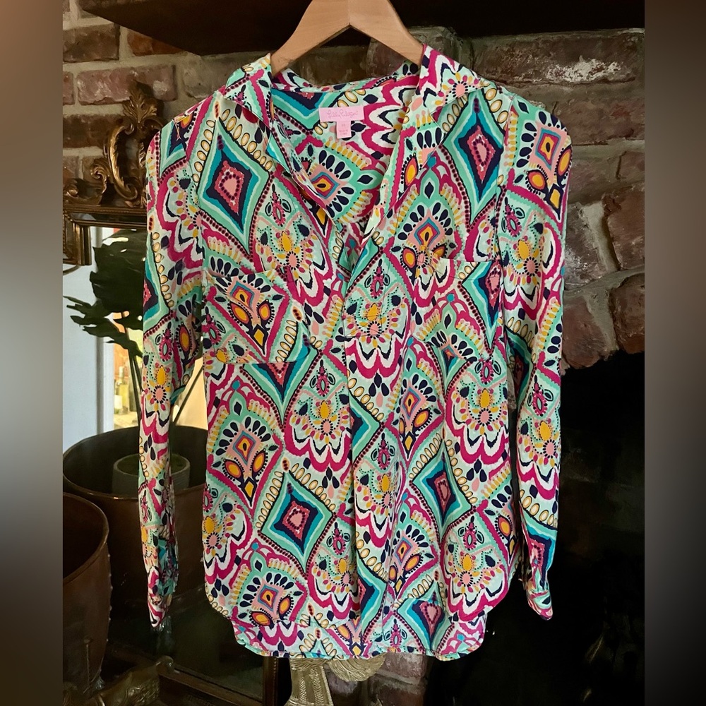 EUC Lilly Pulitzer Crown Jewels Boston Silk Top Jewel Cuff Size XS